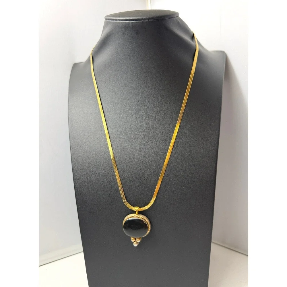 Vintage Necklace Gold Tone Black Herringbone Chain